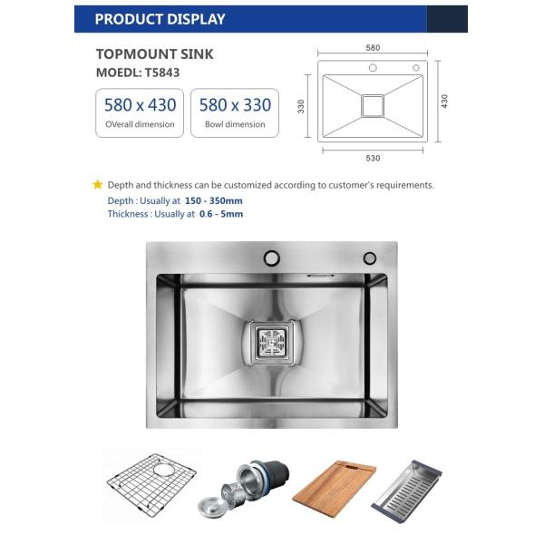 Topmount Stainless Steel Kitchen Sink Brushed Single Bowl 16 Gauge 58x43