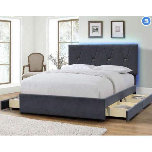 Grey Velvet King Size Upholstered Bed Frame High Headboard With Drawers