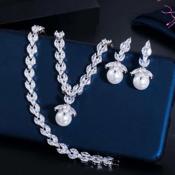 Pearl Necklace Set Earrings Rings Women CZ Wedding Jewelry Sets 2021 NewWedding Jewelry Sets