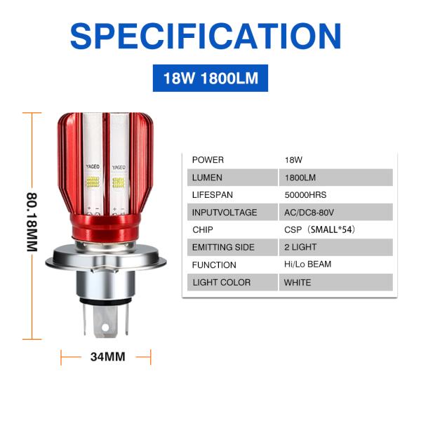 Lumen 1800lm YAYE Motorcycle Headlight Bulb 2 Side Emitting CSP AC/DC8-80V H4 HS1 BA20D H6 H6M P15D
