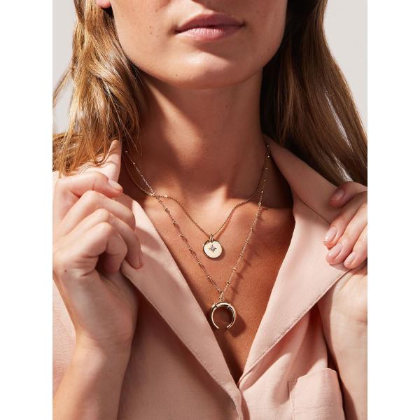 Gold Sparkling Layered Necklace Set 45CM Zirconia Coin Horn Pendant Necklace