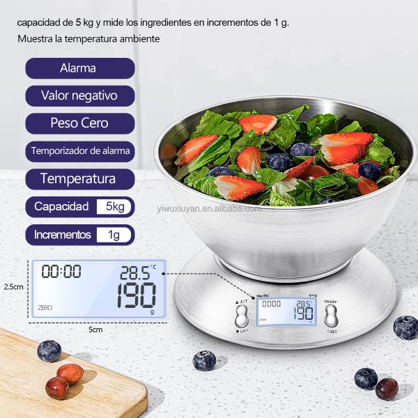 Stainless Steel Digital Kitchen Scale High Accuracy 5kg/1g with Removable Knead Dough Bowl and Room Timer Battery Powered