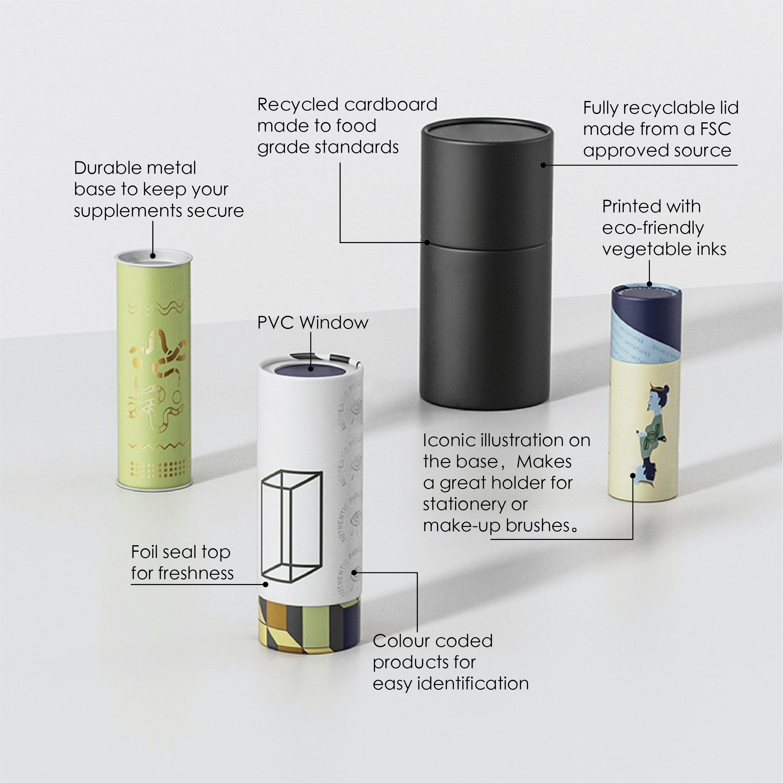 Biodegradable paper tube packaging for cosmetic essential oils, customizable eco-friendly kraft paper tubes with caps.