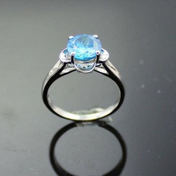 925 Silver Jewelry 8mmx10mm Round Blue Topaz Cubic Zircon Ring (R248)