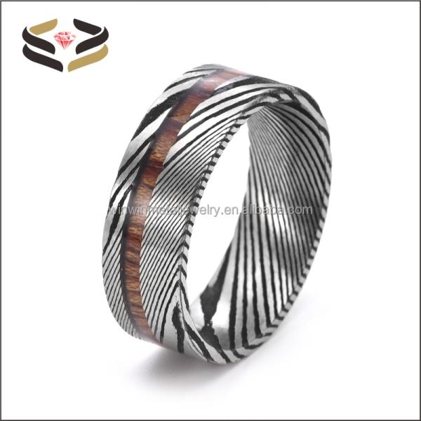 Custom Men's Damascus Steel Rings Round With Galaxy Opal Turquoise Wood Inlay