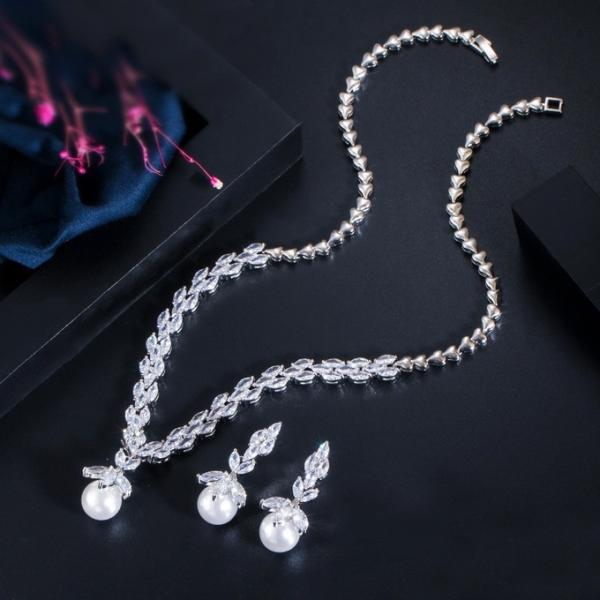 Pearl Necklace Set Earrings Rings Women CZ Wedding Jewelry Sets 2021 NewWedding Jewelry Sets