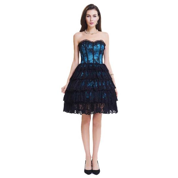 Dark Blue Lace Steel Bone Corset Dress front