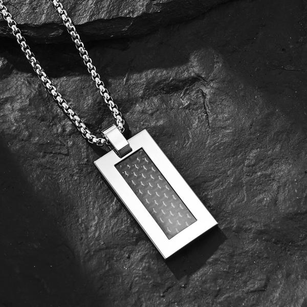 Stainless Steel and Carbon Fiber Square Religious Cross Pendant Necklace for Men , Stainless Steel Christian Jewelry