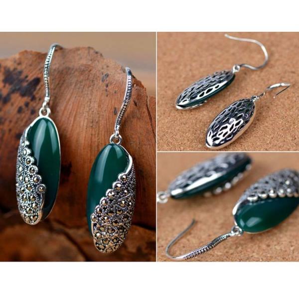 Thai Sterling Silver Green Agate Marcasite Dangle Earring (E12287GREEN)