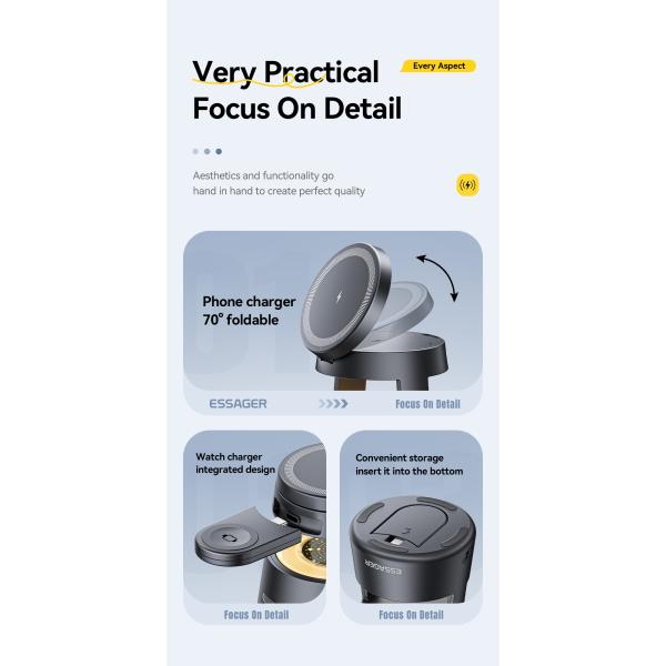 ESSAGER OJD-132 Foldable 4 In 1 15W Magnetic Wireless Charger Stand Station With Led Light For Watch Earphone Phone