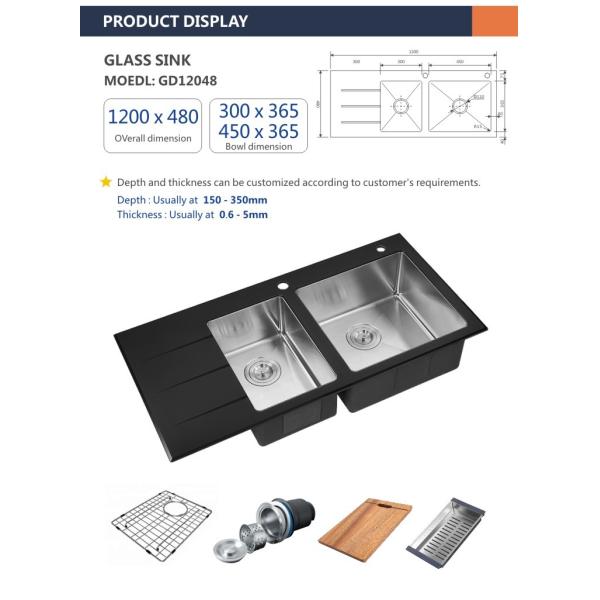 Double Bowl Tempered Glass Kitchen Sink 47' Square Brushed 120x48