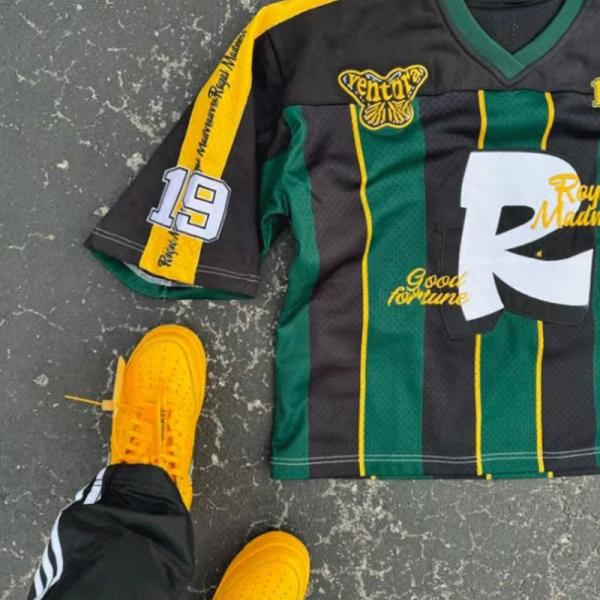 Embroidery Print Logo Oversized Streetwear T Shirt Mesh V Neck Football Jersey T Shirt