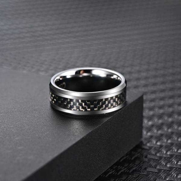 Round Rotatable Polish Black Silver Simple Men Rings Stainless Steel And Carbon Fiber Rings