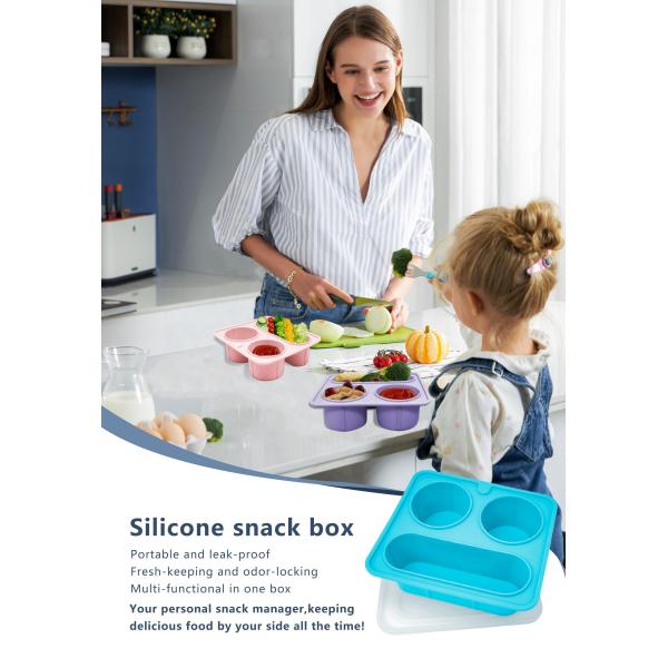Blue Silicone Divided Snack Box with Lids BPA-Free Leak-Proof Eco-Friendly Microwave Dishwasher Safe for Kids Adults OEM