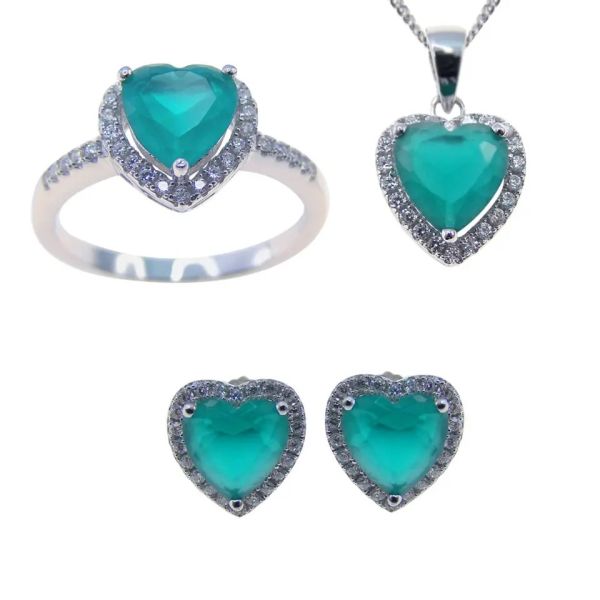Hot Sale 925 Sterling Silver Heart Shaped Green Zircon Jewelry Sets for Fashion Woman Gift