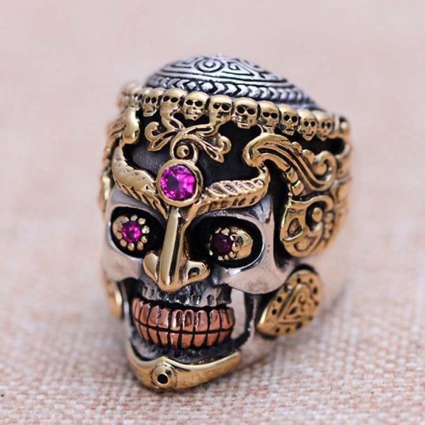 Men Jewelry Golden 925 Silver Two Tone Skull Retro Ring (048115)