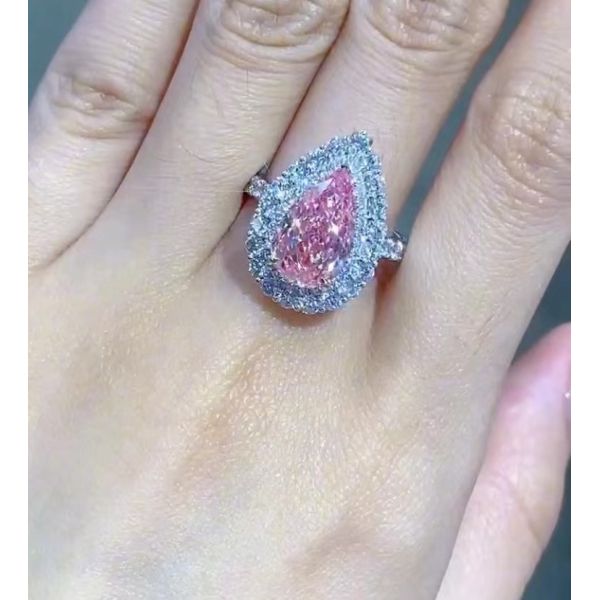 Pear Cut Pink Diamond Engagement Ring Wedding 18K White Gold CVD Diamond Ring