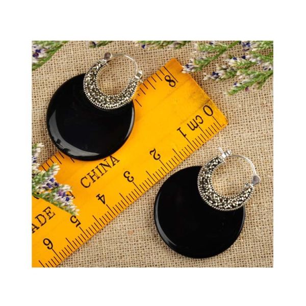Sterling Silver Black Agate Hoop Earrings(XH021046W )