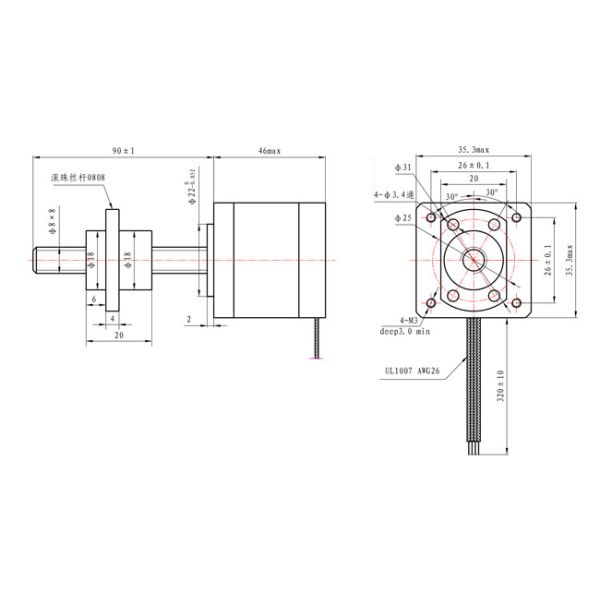 4.05V 1.5A 1.8 Degree 2 Phase NEMA 14 Linear Stepper Motor 35x35mm Ball Screw
