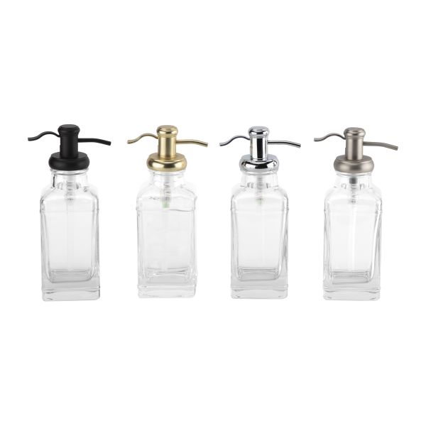 Clear Glass Bath Accessories Set Square Shape With Gold Apothecary Head Glass Soap Dispenser Soap Dish For Bathroom