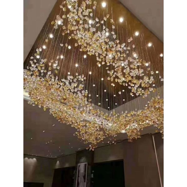 Custom Made Project Installation Large Hanging Drop Light High Ceiling Modern Luxury Hotel Stained Glass Chandelier