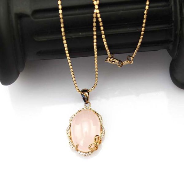 Rose Gold Plated Sterling Silver Oval 14mmx20mm Rose Quartz Pendant Necklace (PSJ0260)
