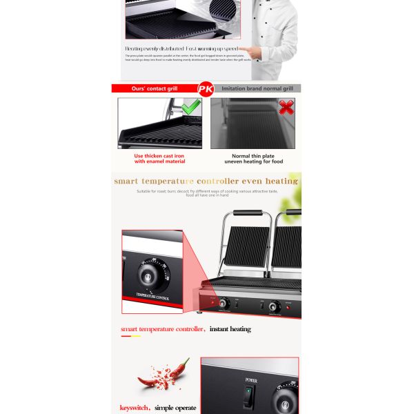 Commercial Electric Grill Parts with Non-Stick Cooking Surface and 220V Power Supply