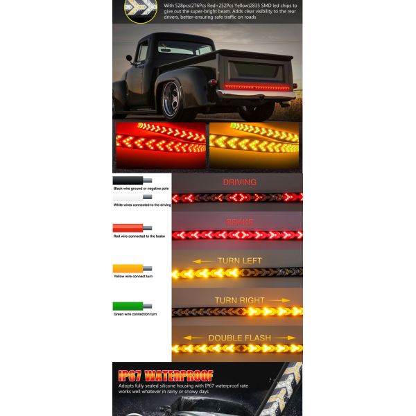 Pickup Truck Arrow Car Headlight LED Tube Strip Flowing Turn Signal Tail Light Sequential Scanning