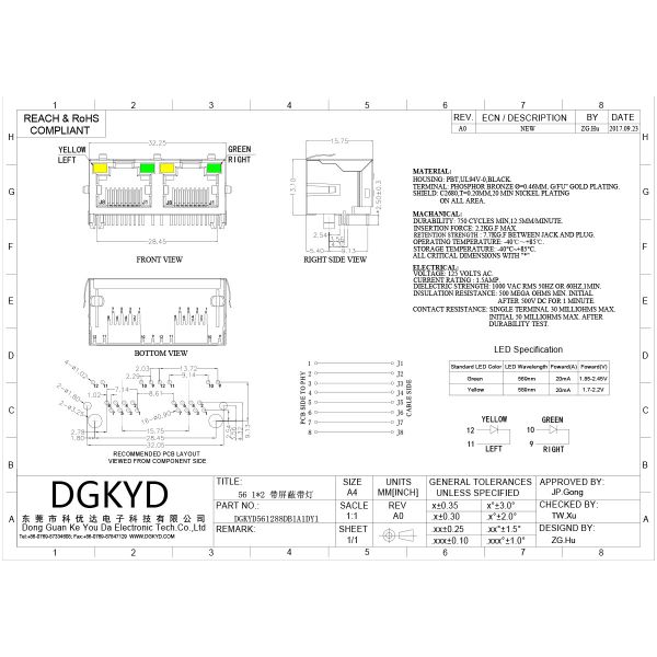 RJ45 horizontal interface 8P8C with light, shielding spring, round needle mesh port DGKYD561288DB1A1DY1