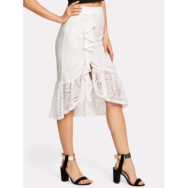 Ruffle Hem Asymmetric Lace Skirt For Women