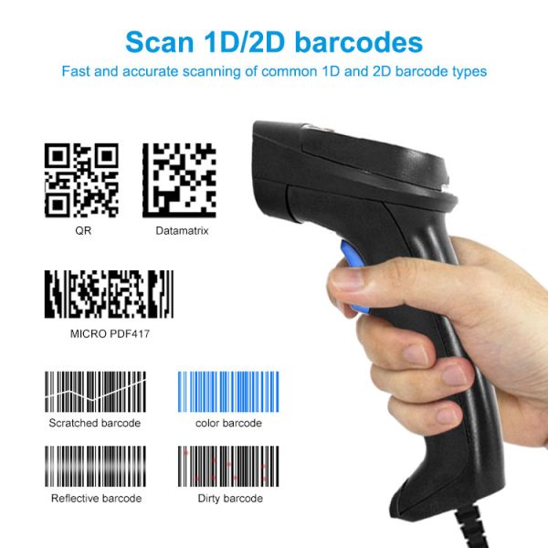 Handheld 2D Barcode Scanner Wired Gun USB 1D QR Code Reader With Stand