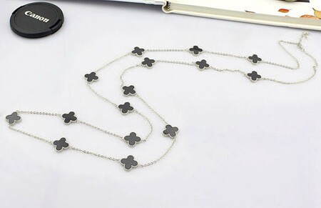 14K Rose Gold Golden Silver Colored Stainless Steel Four Leaves Clover Long Coat Necklace