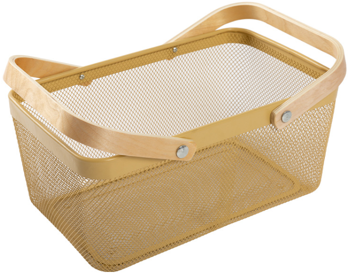 Rectangular Rustproof 750g Metal Wire Fruit Basket With Wood Handle