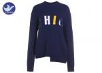 Letters Fabric Patch Embroidery Womens Knit Pullover Sweater Irregular Welt