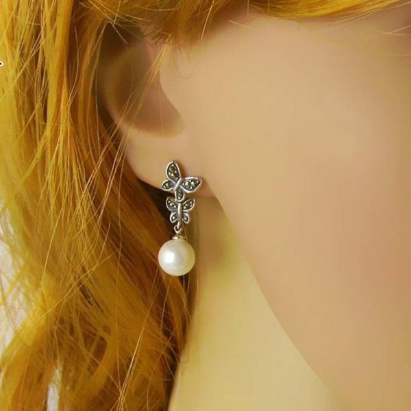 925 Silver White Simulated Shell Pearl Dangle Earrings Vintage Old Jewellry (E12144)