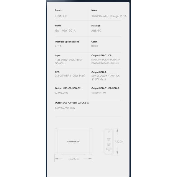 Dual USB Ports Travel Type C Desktop GaN Chargers 140w Quick Charging Phone Accessories