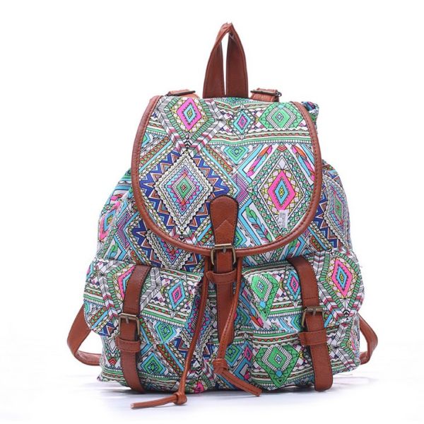 2016 Hot Ladies European and American printing canvas backpack straps pocket