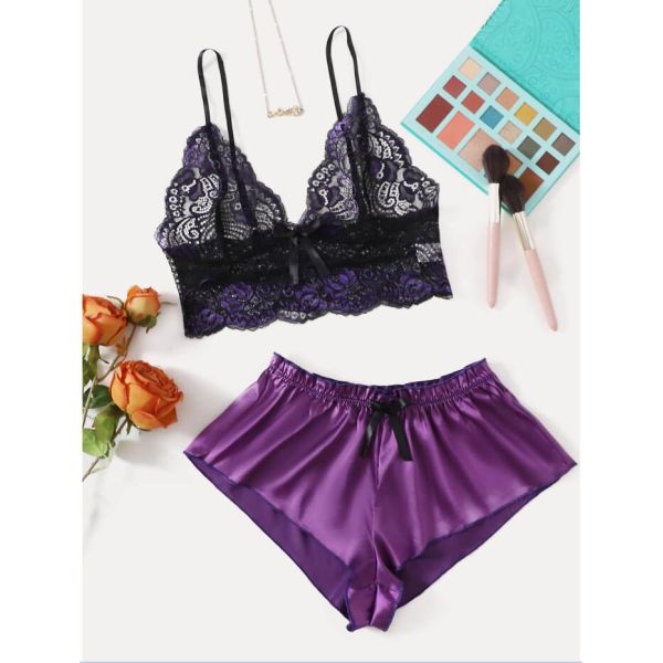 Mature Thin Sleepwear Silk Fabric Lace Bra Underwear Set Sexy Lingerie For Hot Girl