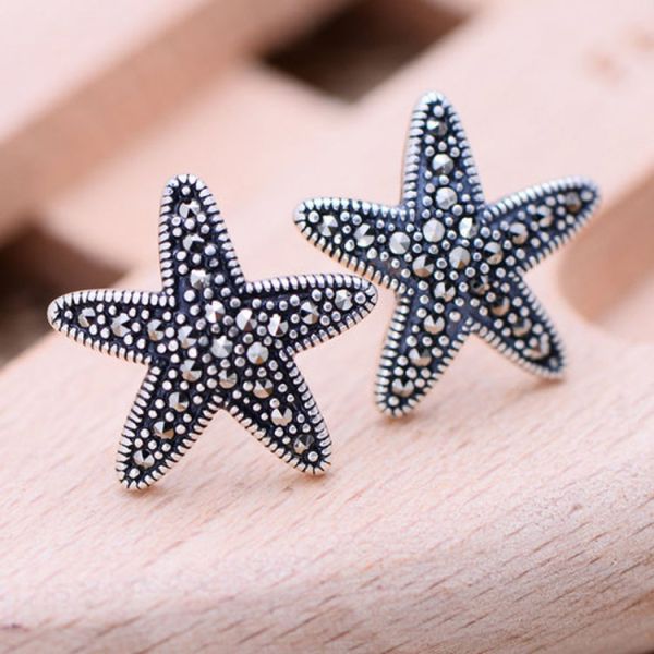 Starfish Design Thai 925 Silver Earrings Pave Marcastie Retro Women Jewelry(028249)
