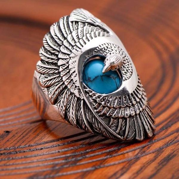 Thai Silver Eagle Vintage Style Men's Ring with Turquoise (R6030809)
