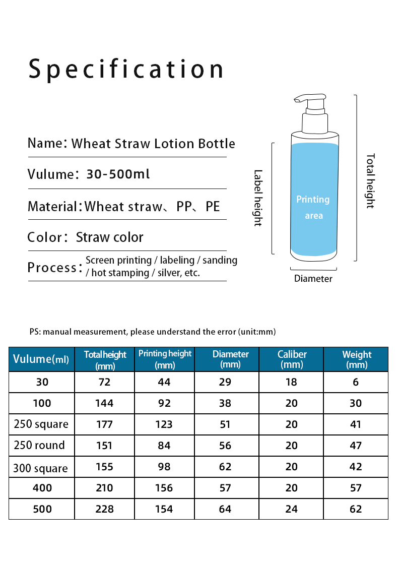 100ml-500ml Recyclable Lotion Shampoo Dispensers with Pump and Wheat Straw Body Material