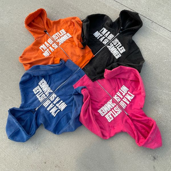 Custom Acid Washed Zip up Hoodie Vintage 3d Puff Printing Logo Cropped Hoodies Streetwear Manufacturer Hoodie Jacket for Men