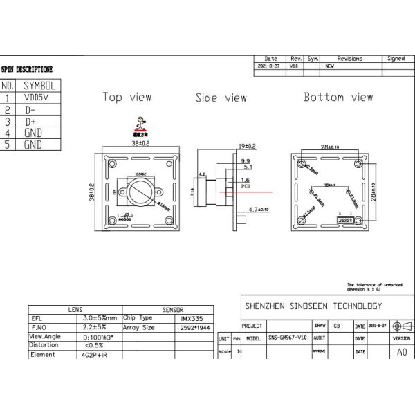 OG02B10 60FPS USB Camera Module Global Shutter For Industrial Machine Vision Applications