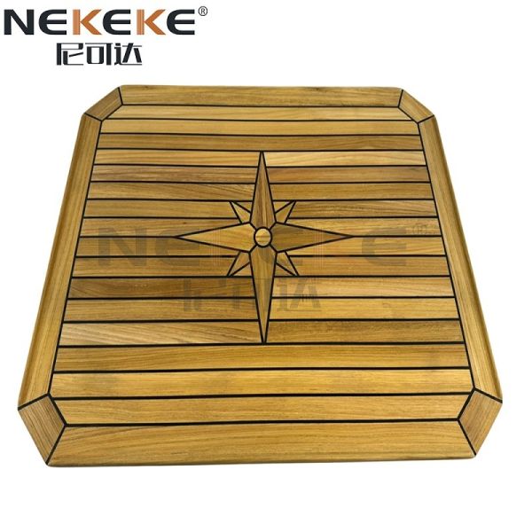 Rectangular teak table top with compass rose design for marine boats