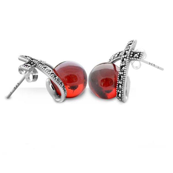 Vintage Thai Sterling Silver Red Cubic Zirconia Marcasite Earrings (E12285)