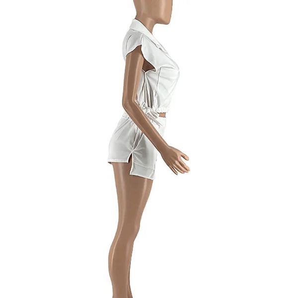 Women&prime;s Sexy Summer Two Piece Outfits Button Down Crop Top Short Sleeve Tracksuit Sets with Pockets Plus Size Suit for Women