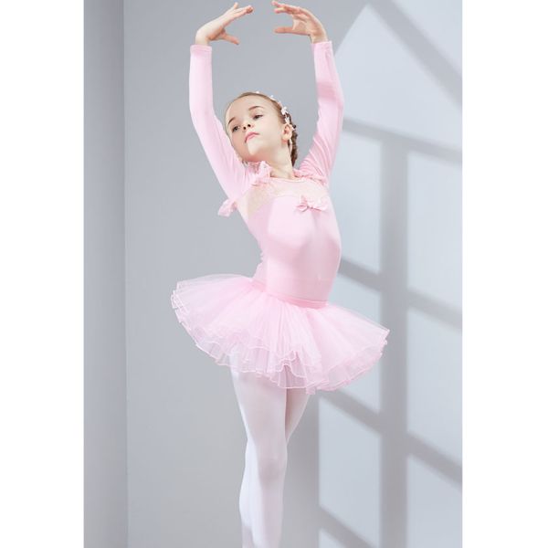 Children cotton and lace dance costumes girls long-sleeved ballet dance leotard with skirt