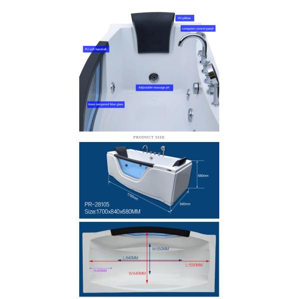 1.7m Acrylic Waterfall Whirlpool Bathtub Freestanding Two Person Equipment