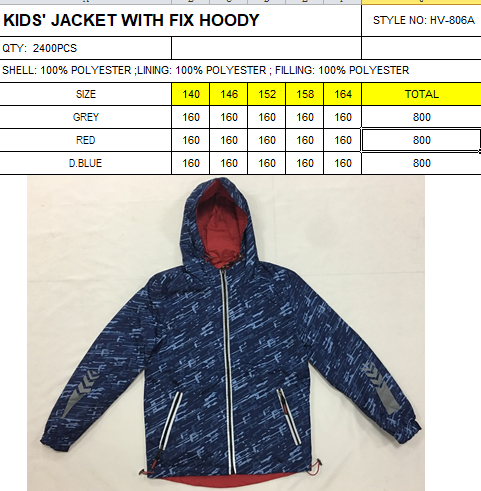High Protection Kids Padded Jacket With Fix Hoody 100% Polyester