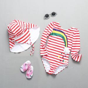 China Red Printed Girls Swimming Suits Sunprotection Hat Big Children'S Swimsuit Fashion on sale